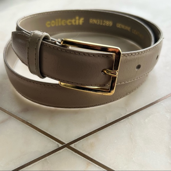 Collectif Accessories - Vintage COLLECTIF Tan/Beige Gold Buckle GENUINE LEATHER Belt Size SMALL S